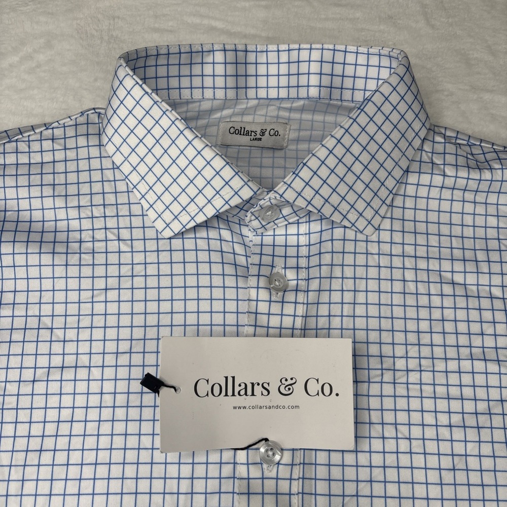 Collars and Co Polo Mens Large - Thin Blue Check - Semi Spread Collar Brand New